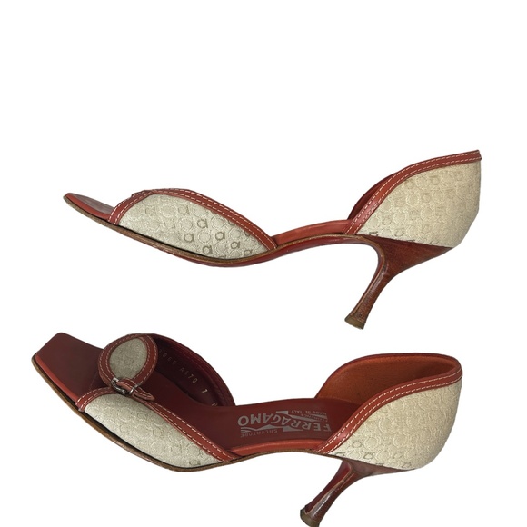 Salvatore Ferragamo Kitten Heel Open Toe Red Leather Fabric Women's Size 7 - Picture 6 of 8